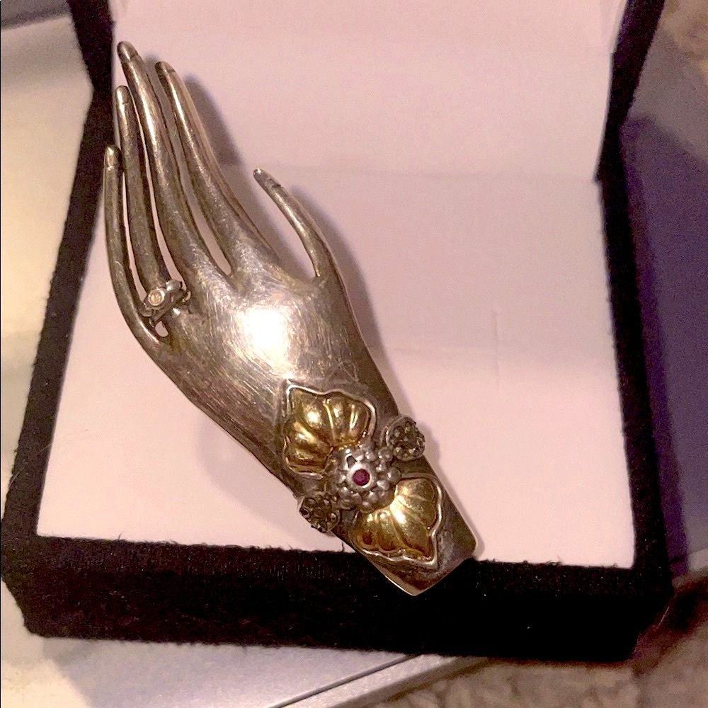 10K Gold  & Silver Hand Ring Broach With Ring Ruby
